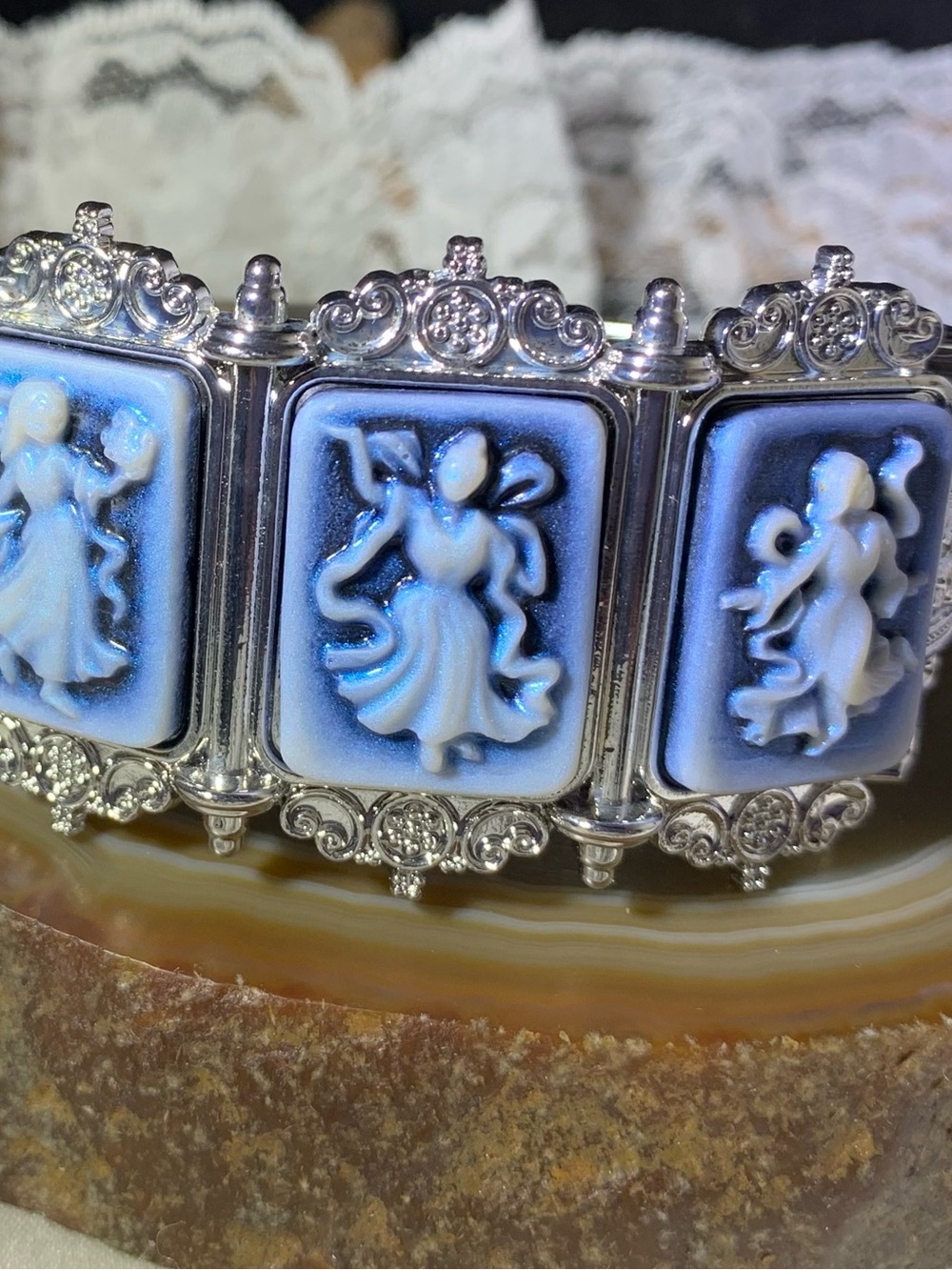 Silver-Tone Blue Cameo vintage victorian style hinged cuff bracelet